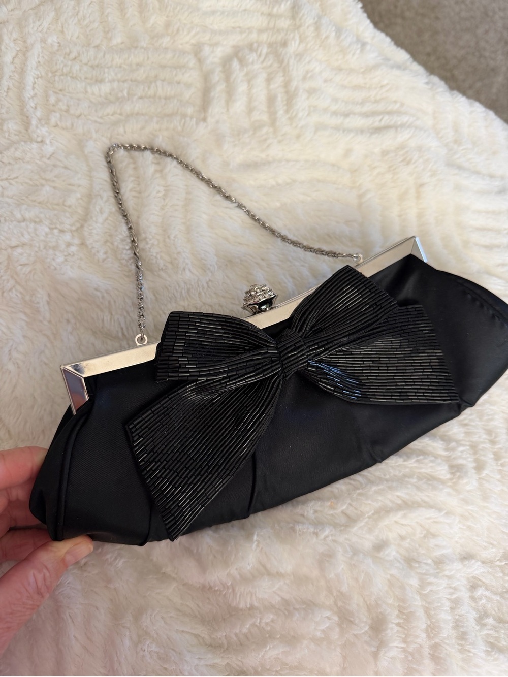 NWOT Kate Landry Satin Clutch w Beaded Bow. Evening event bag. Formal. Handbag